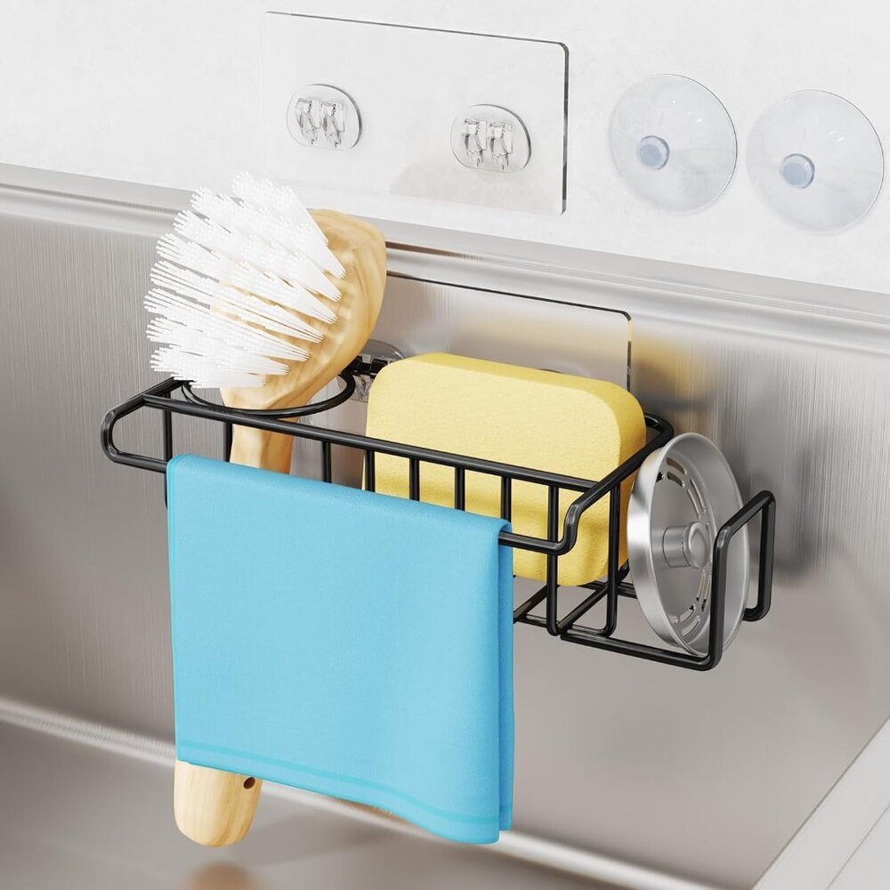 4 in 1 Adhesive Sponge Holder Sink Caddy, Stainless Steel Brush Holder + Dish Cl